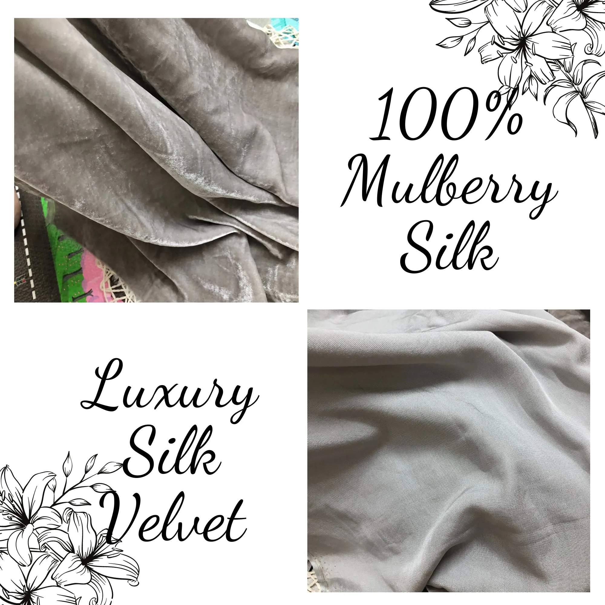 100% MULBERRY SILK VELVET fabric by the yard - Light gray silk velvet - Luxury Silk Velvet for Dress, Skirt, High End Garment - Silk apparel fabric