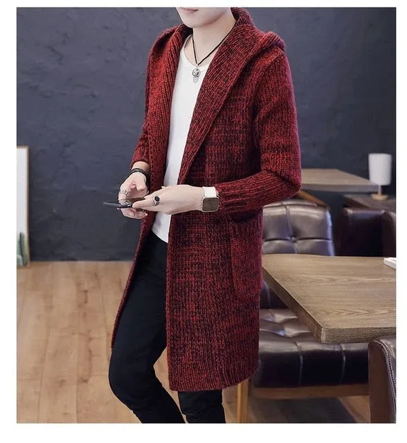 2018 Autumn Winter New Men's Long Sweatercoat Solid Color Long Sleeve Hooded Sweater Coat Outerwear Men Casual Sweater Cardigan