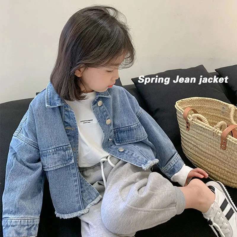 2024 New Fashion Korean Version Denim Jackets For Girls Coat Spring Autumn Children Outerwear Clothing Birthday Present 2-8 Year