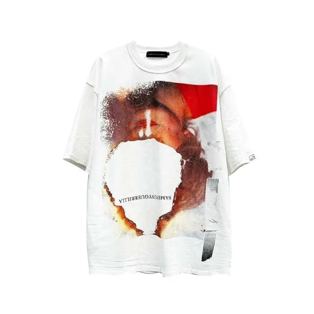 Aidase Distorted Portrait Printing Short-Sleeved T-shirt Hip-Hop Summer streetwear oversized retro men t shirt