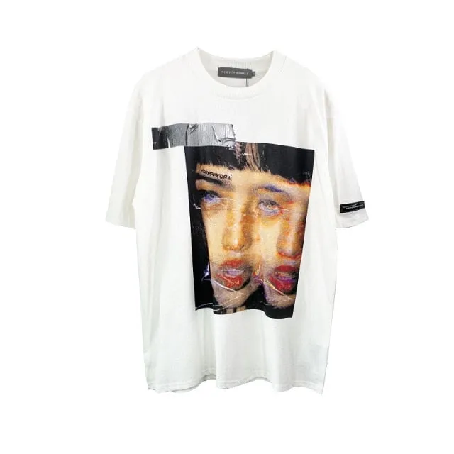 Aidase Distorted Portrait Printing Short-Sleeved T-shirt Hip-Hop Summer streetwear oversized retro men t shirt