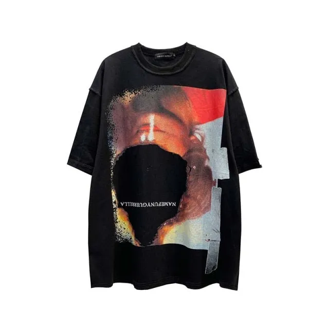 Aidase Distorted Portrait Printing Short-Sleeved T-shirt Hip-Hop Summer streetwear oversized retro men t shirt