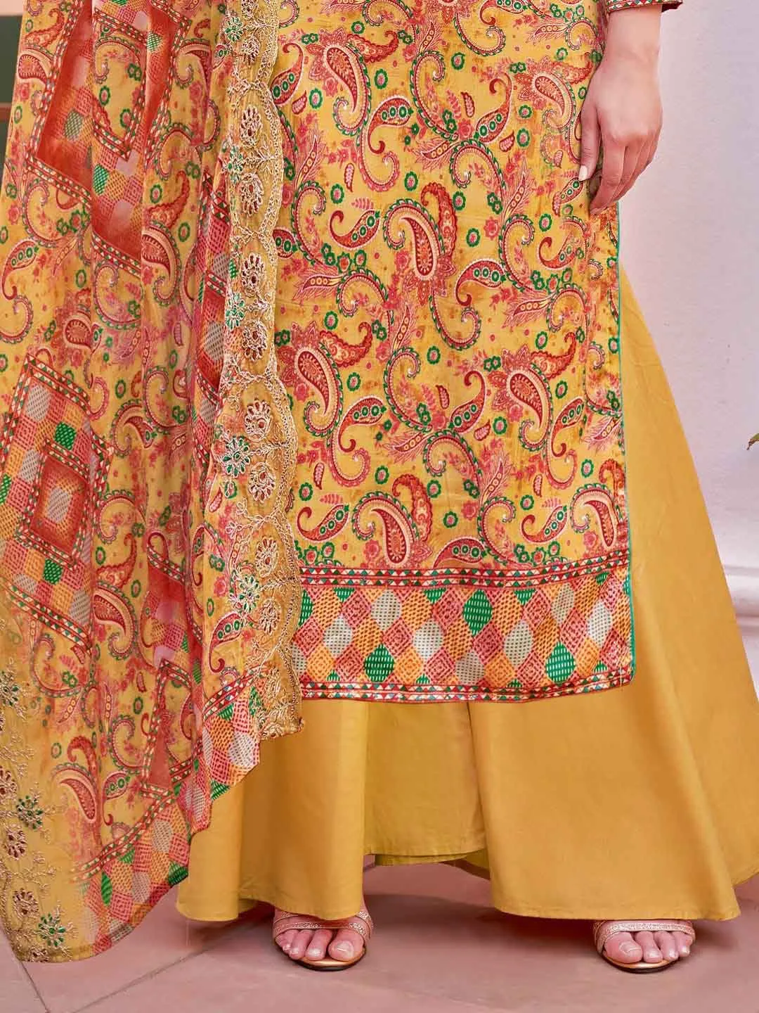 Alok Unstitched Printed Yellow Cotton Salwar Suits Set