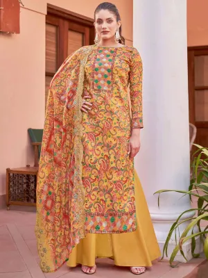 Alok Unstitched Printed Yellow Cotton Salwar Suits Set