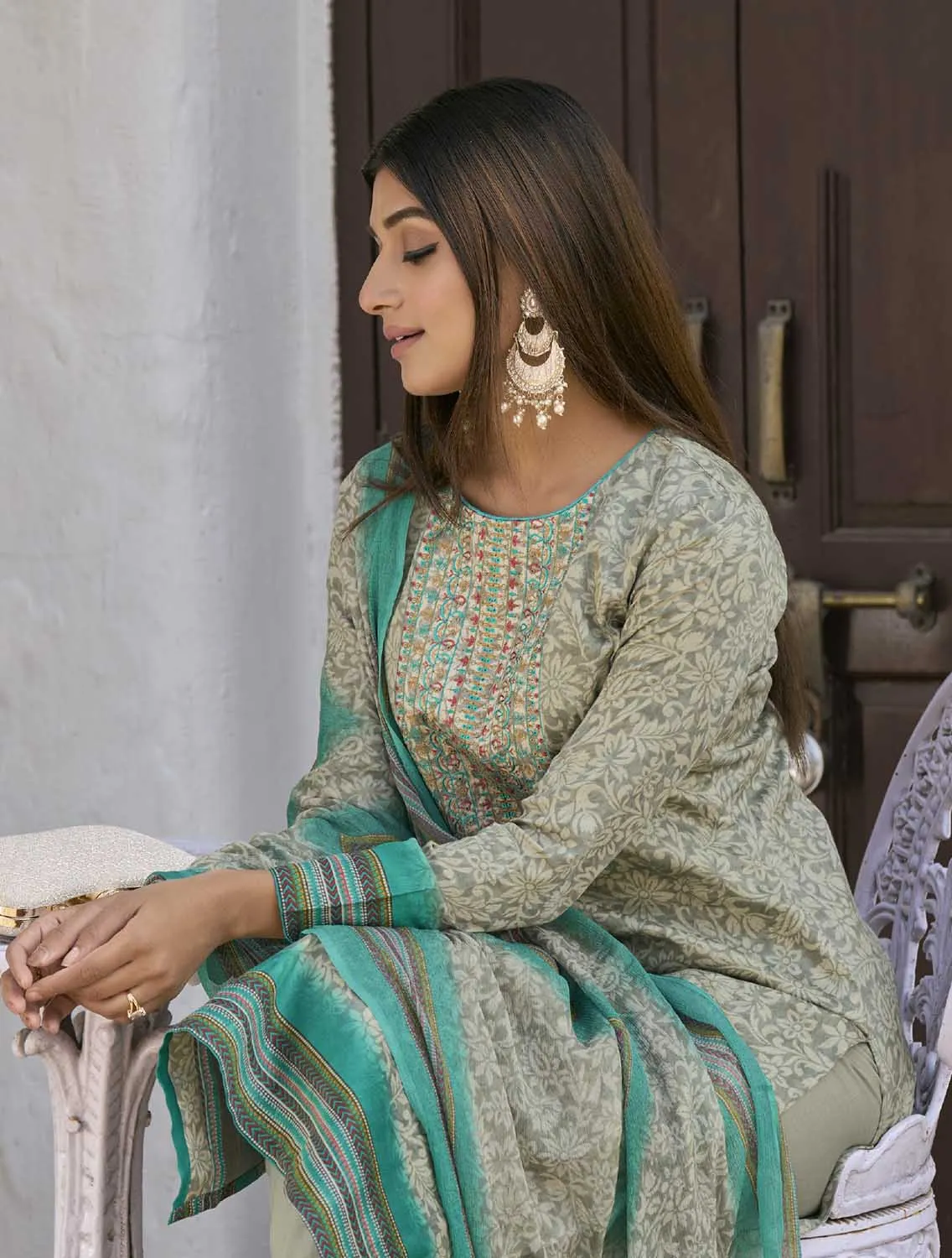 Aqsa Unstitched Cotton Suit Fabric Material with Dupatta Grey