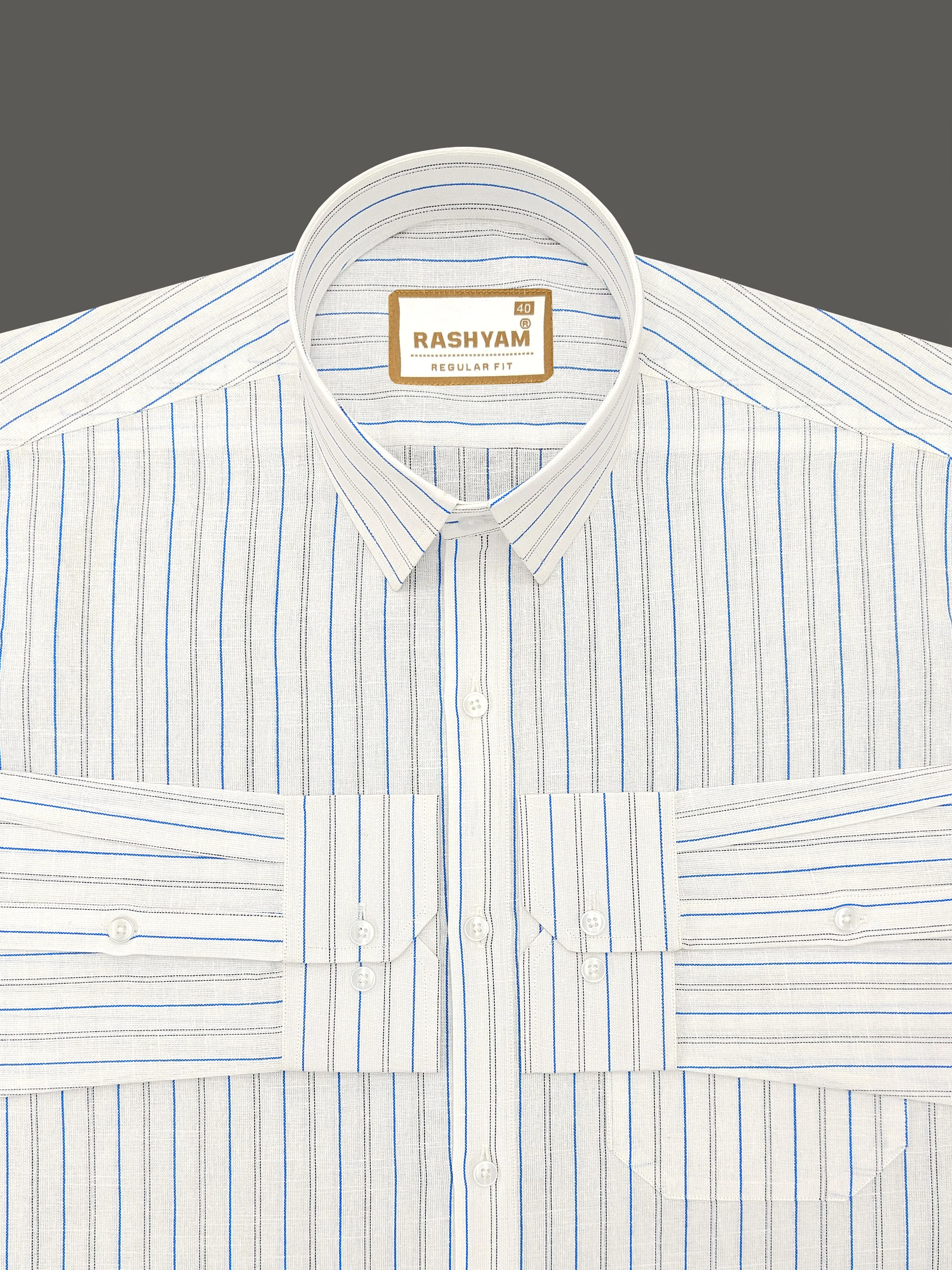 Arezzo Italian Premium Linen Blue With Black Twin Line On White Formal Shirt For Men