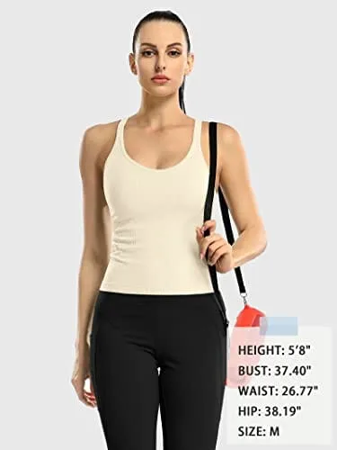 ATTRACO Built in Bra Workout Tops for Women Ribbed Sleeveless Tank Running Yoga Top Beige