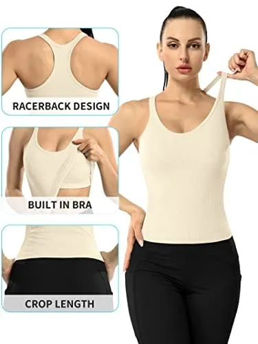 ATTRACO Built in Bra Workout Tops for Women Ribbed Sleeveless Tank Running Yoga Top Beige