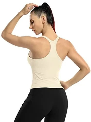 ATTRACO Built in Bra Workout Tops for Women Ribbed Sleeveless Tank Running Yoga Top Beige