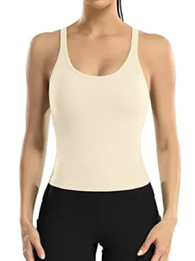 ATTRACO Built in Bra Workout Tops for Women Ribbed Sleeveless Tank Running Yoga Top Beige