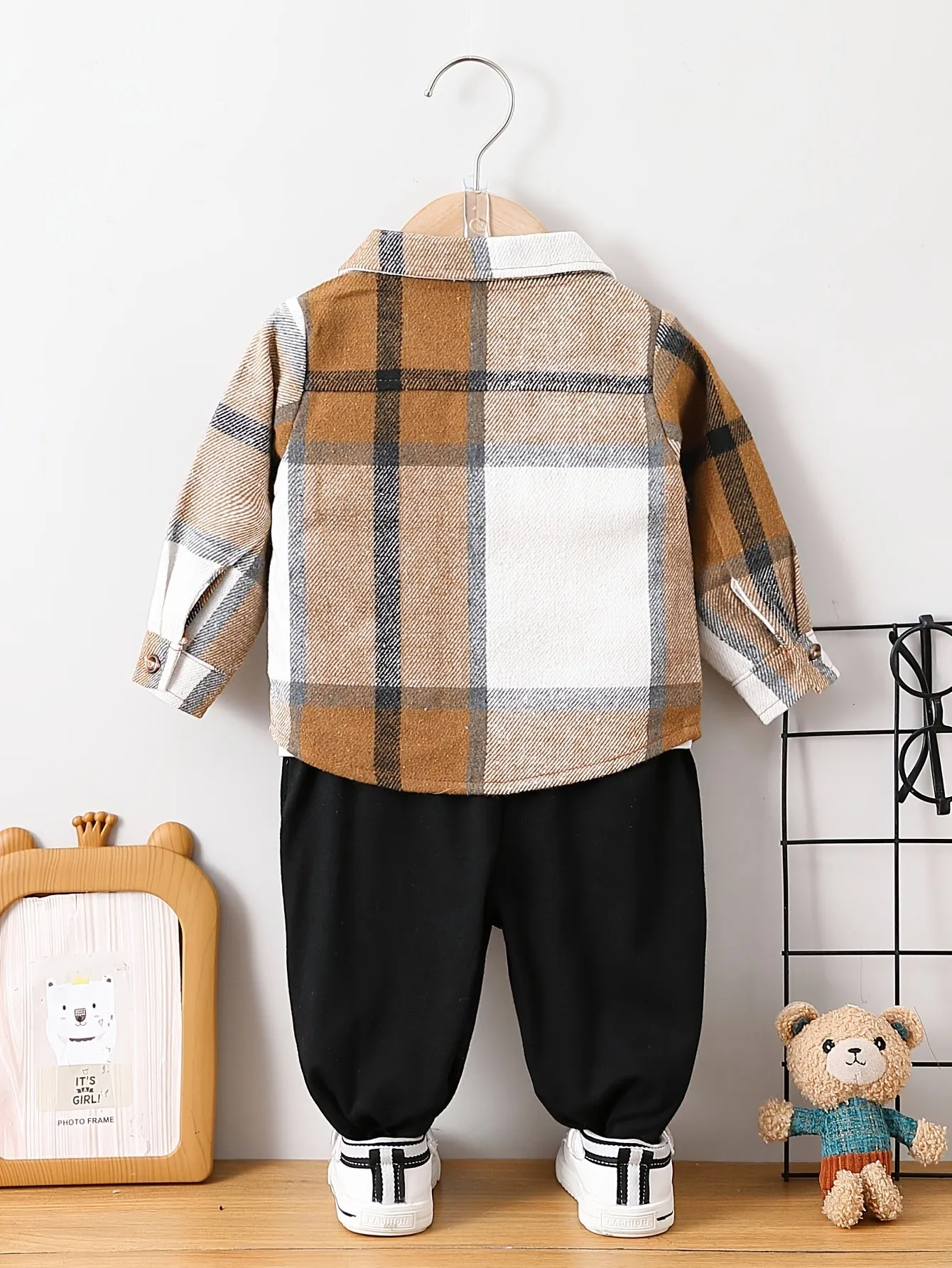 Baby Boys Lapel Plaid Coat and Cotton Trousers Set