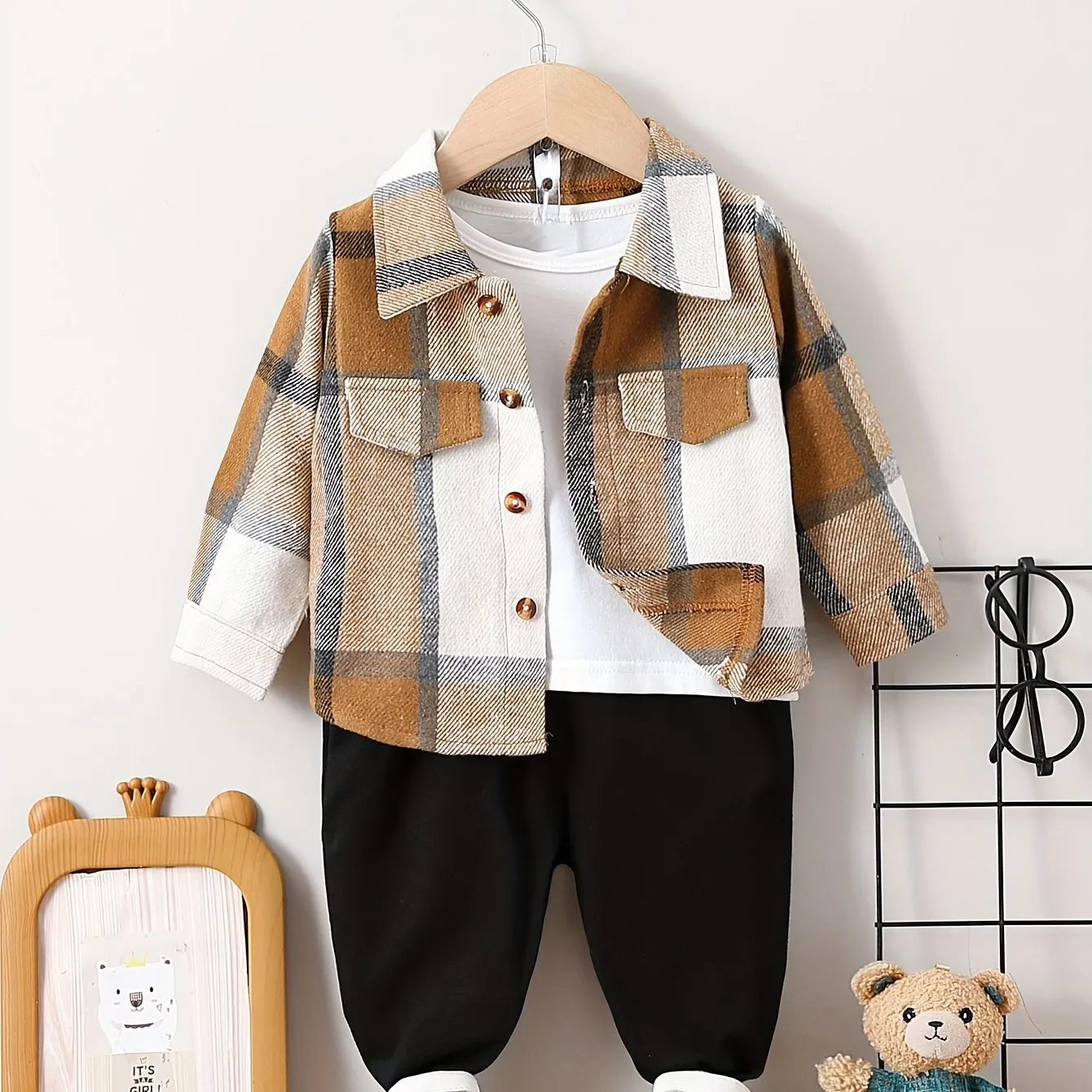 Baby Boys Lapel Plaid Coat and Cotton Trousers Set