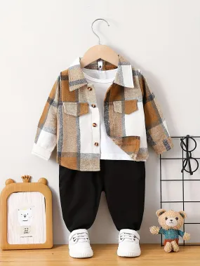 Baby Boys Lapel Plaid Coat and Cotton Trousers Set