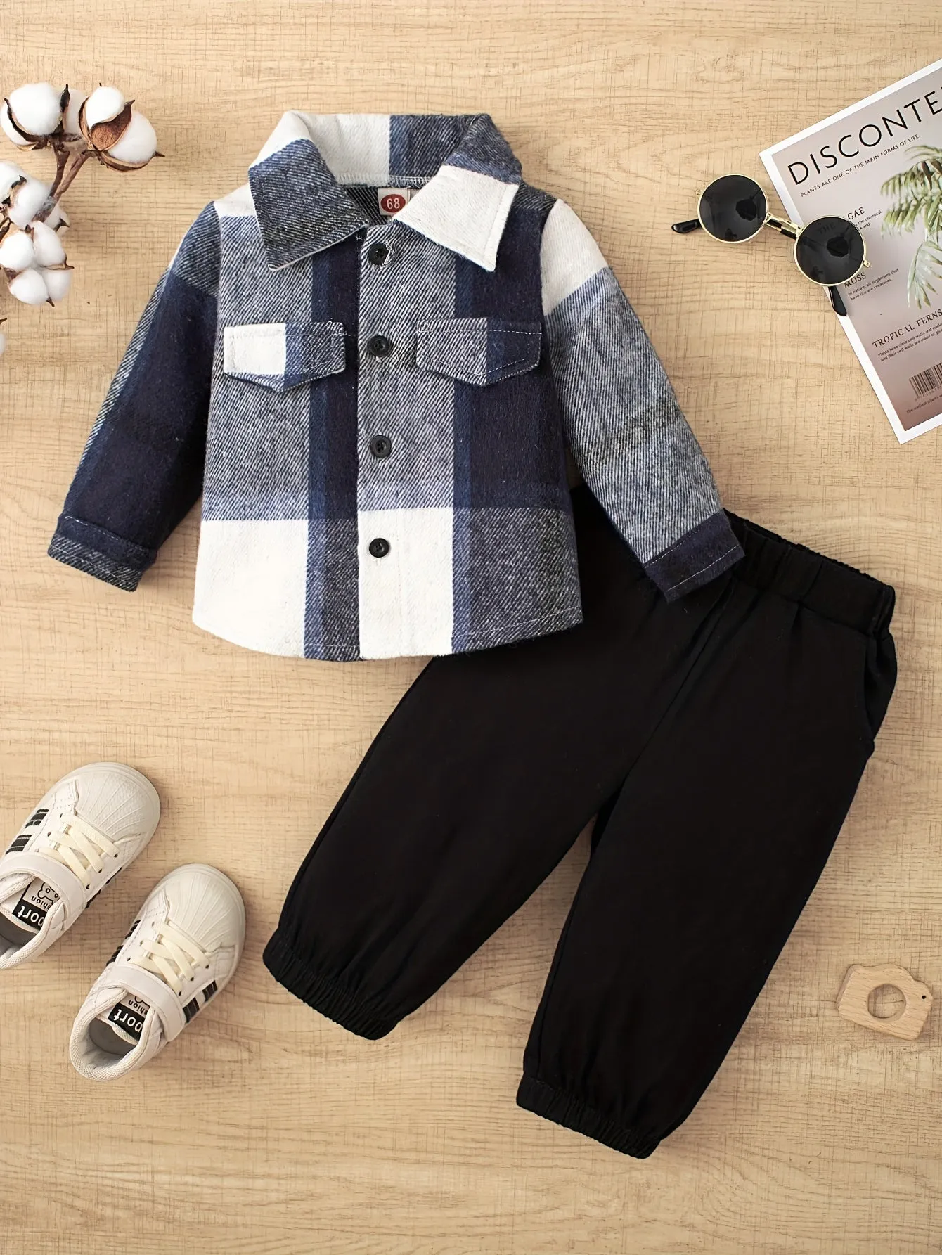 Baby Boys Lapel Plaid Coat and Cotton Trousers Set