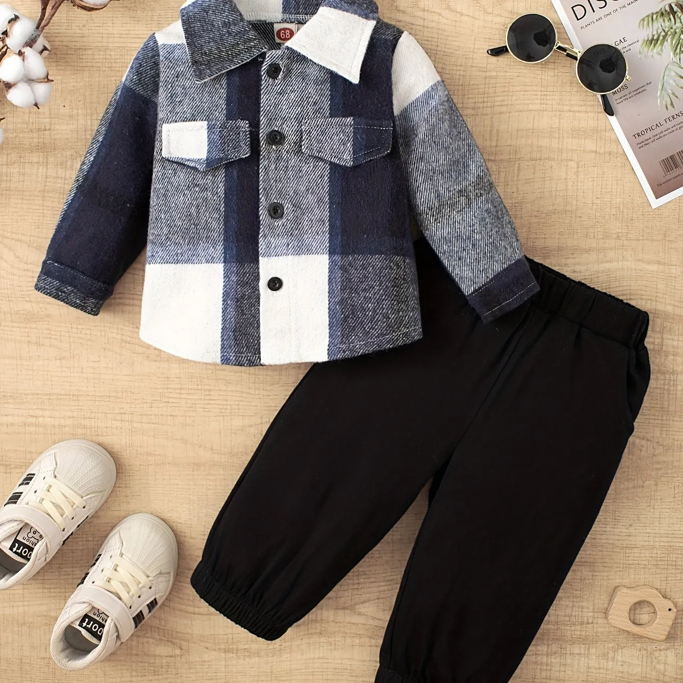 Baby Boys Lapel Plaid Coat and Cotton Trousers Set