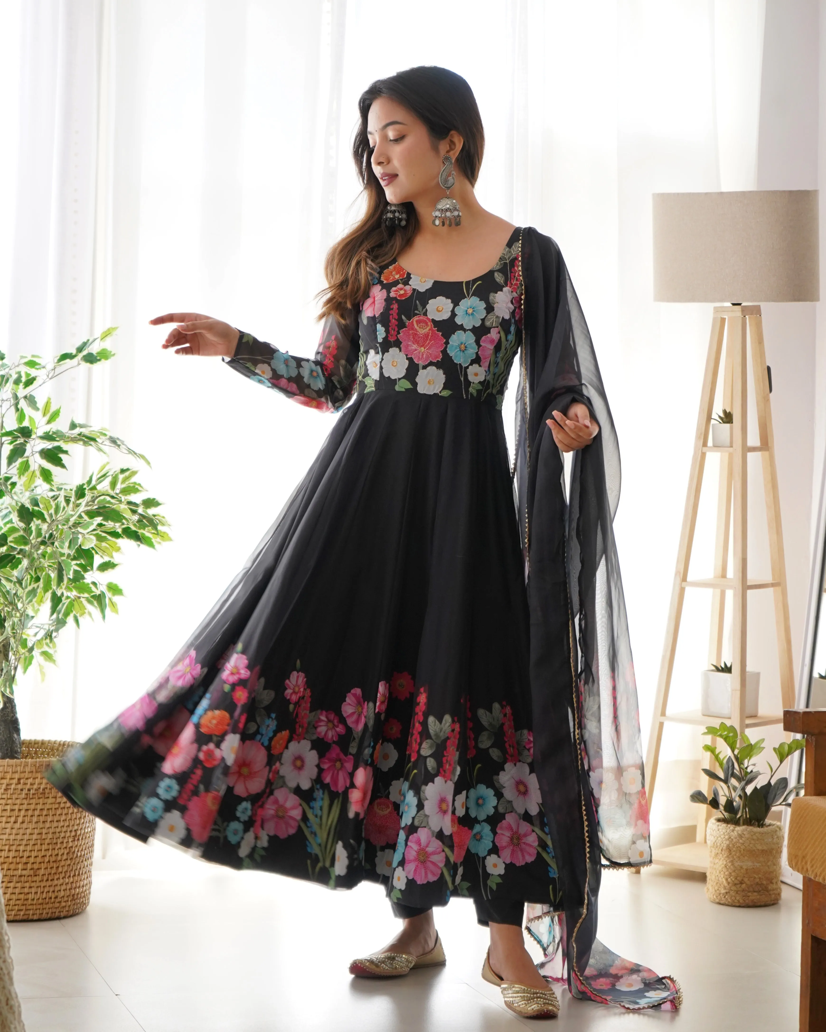 Black Color Floral Organza Anarkali Suit Set for Festivals & Weddings