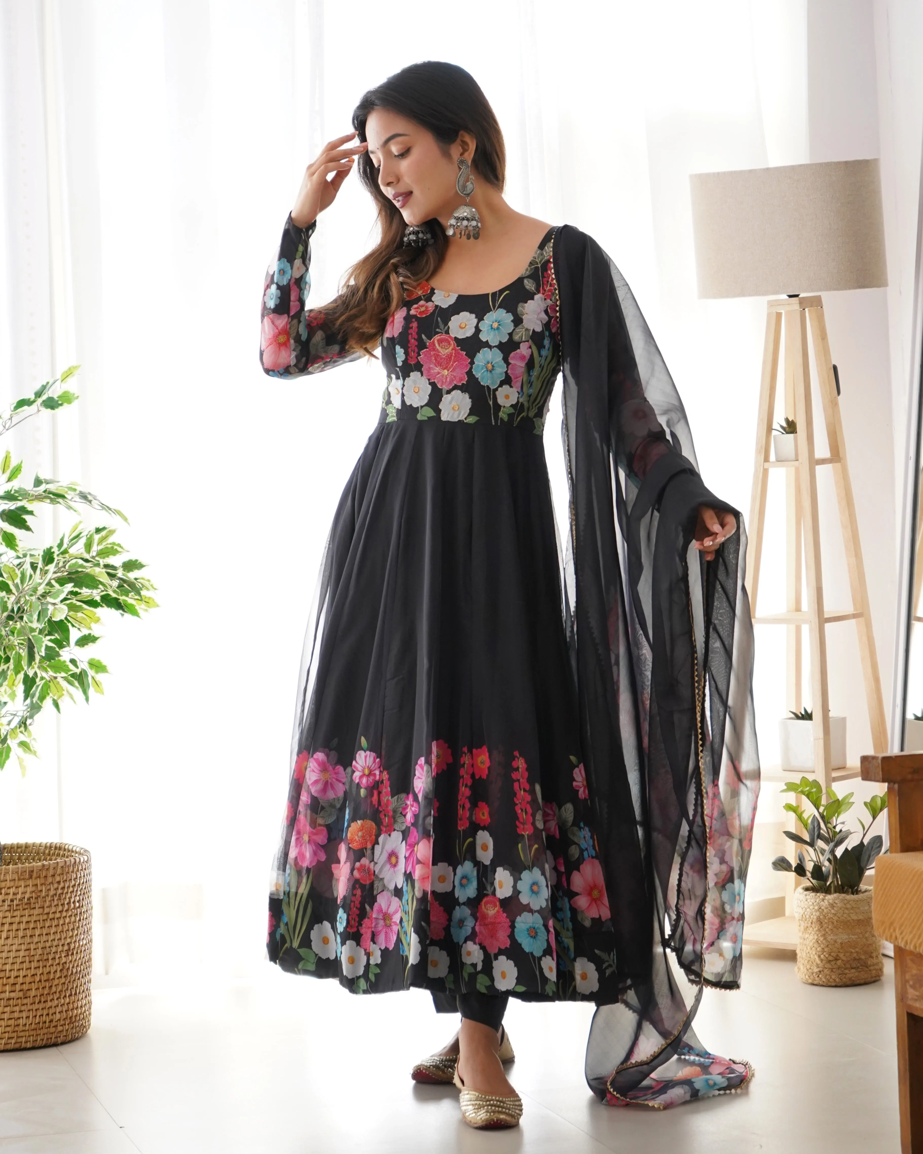 Black Color Floral Organza Anarkali Suit Set for Festivals & Weddings