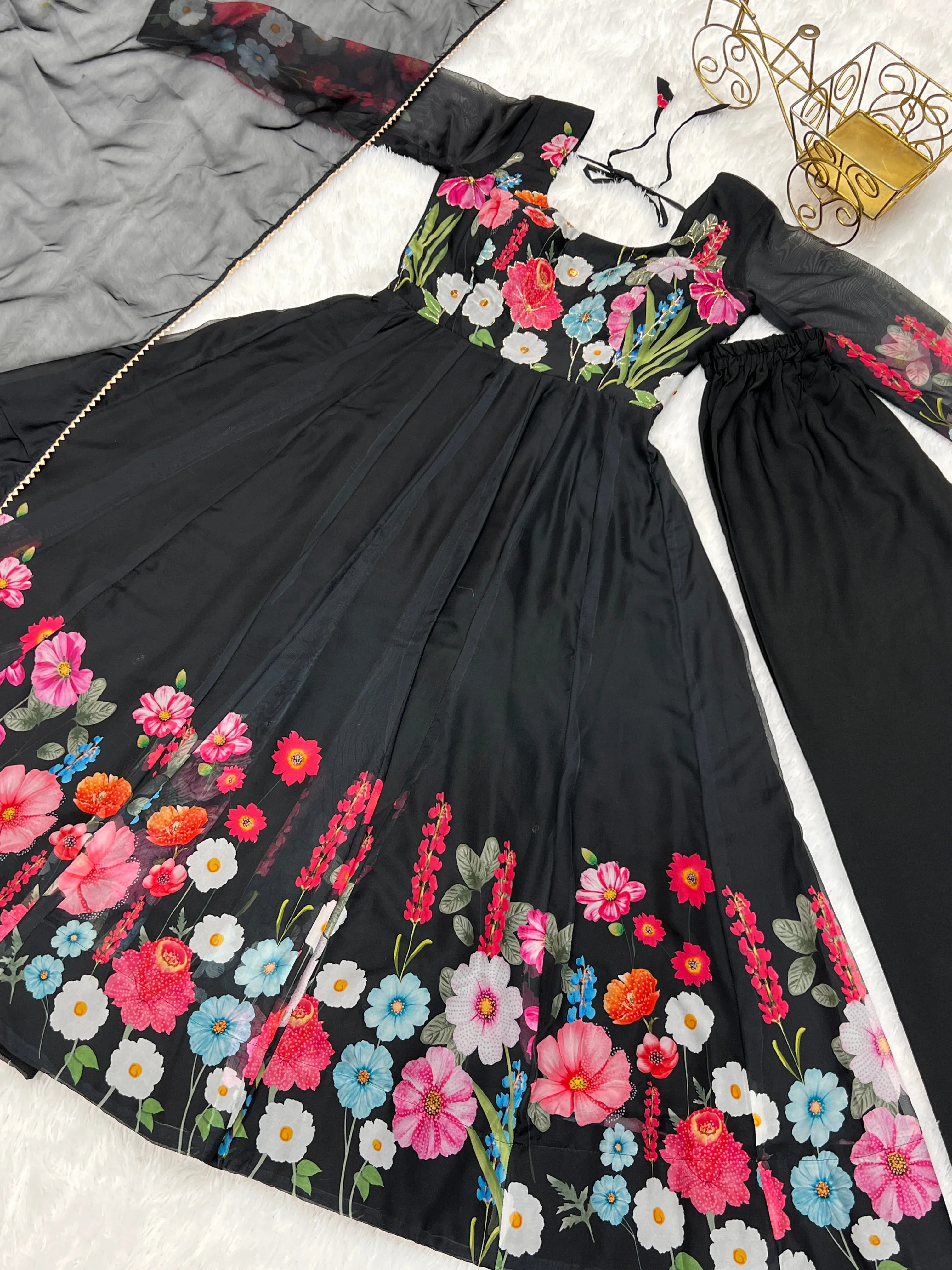 Black Color Floral Organza Anarkali Suit Set for Festivals & Weddings