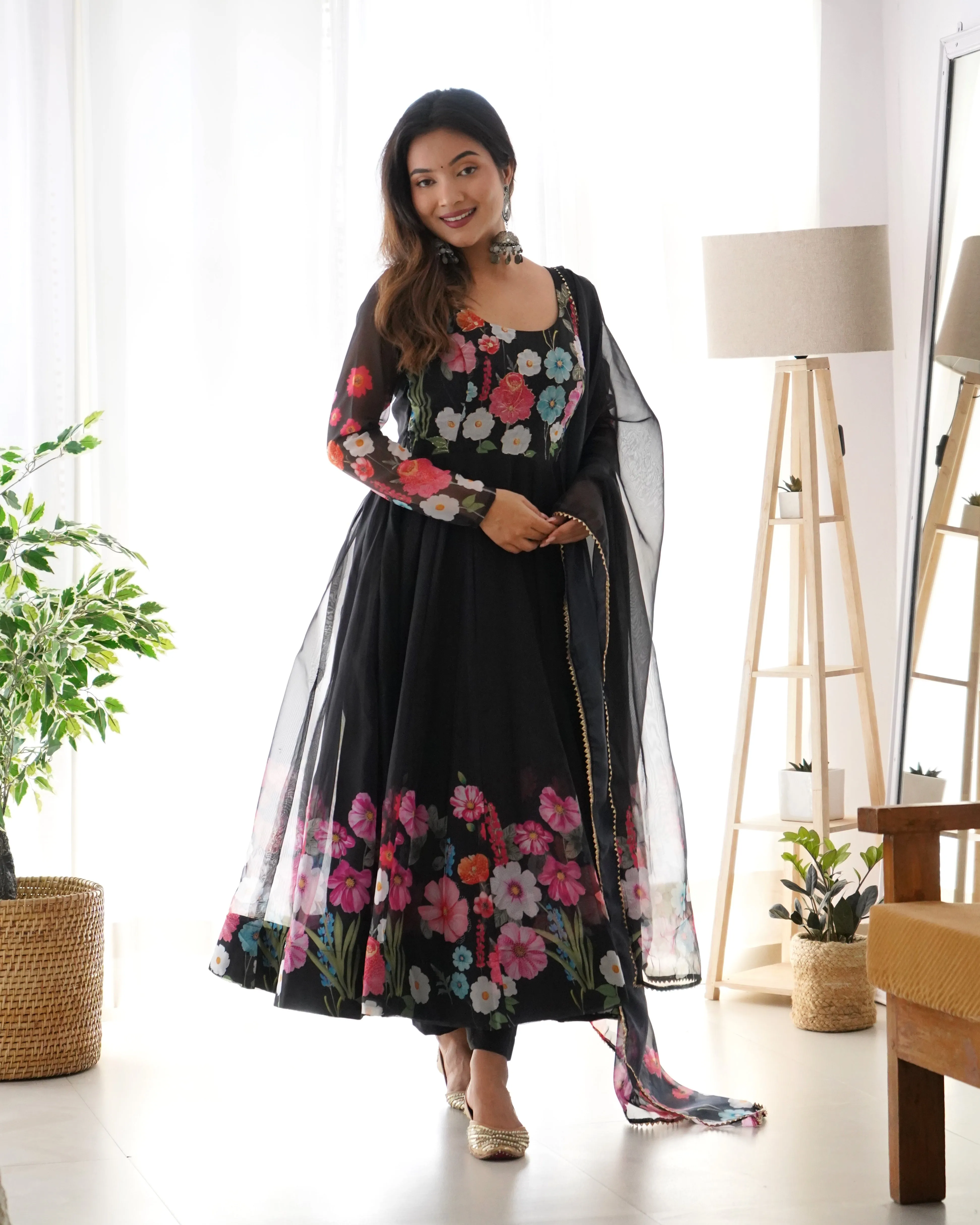 Black Color Floral Organza Anarkali Suit Set for Festivals & Weddings