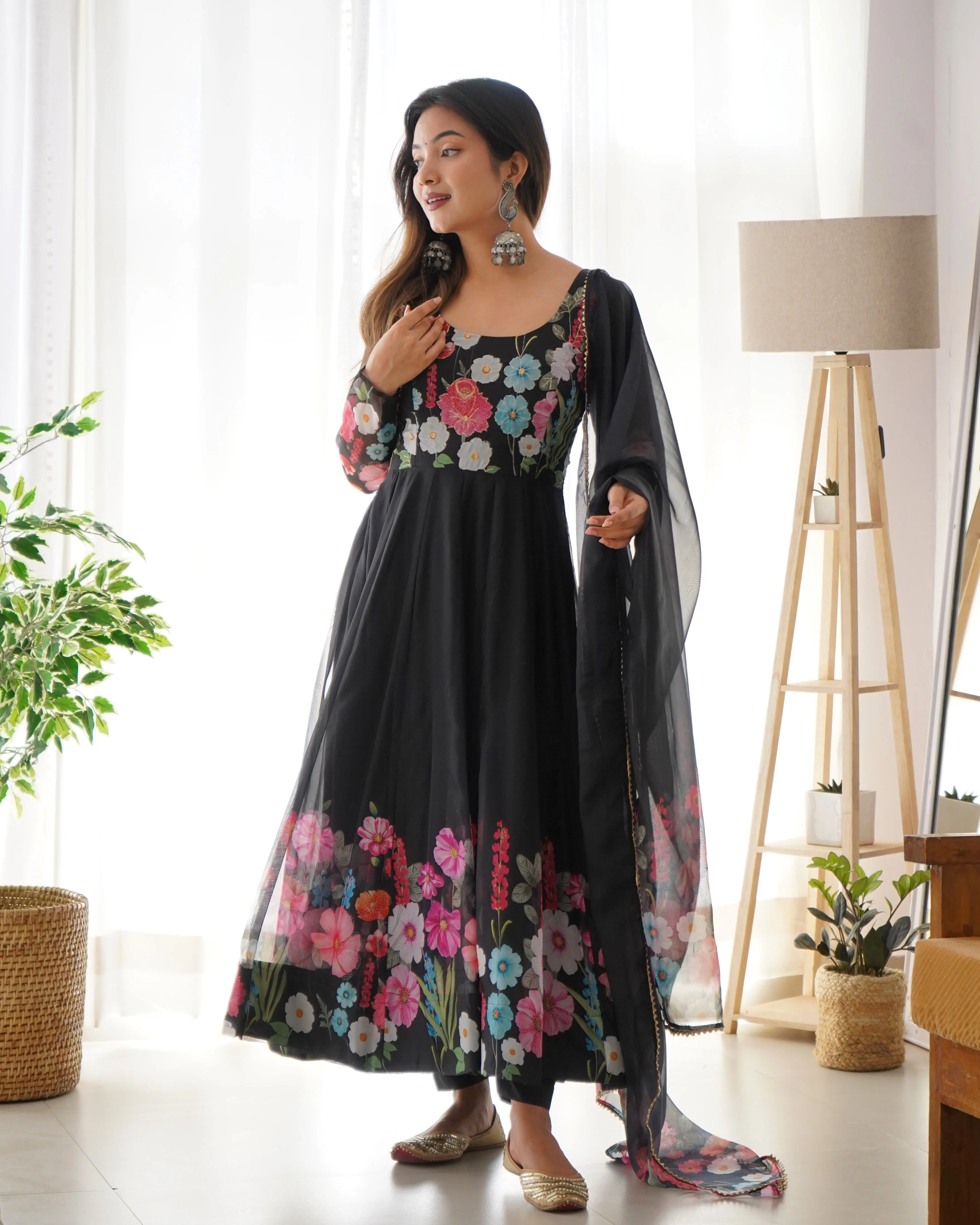 Black Color Floral Organza Anarkali Suit Set for Festivals & Weddings