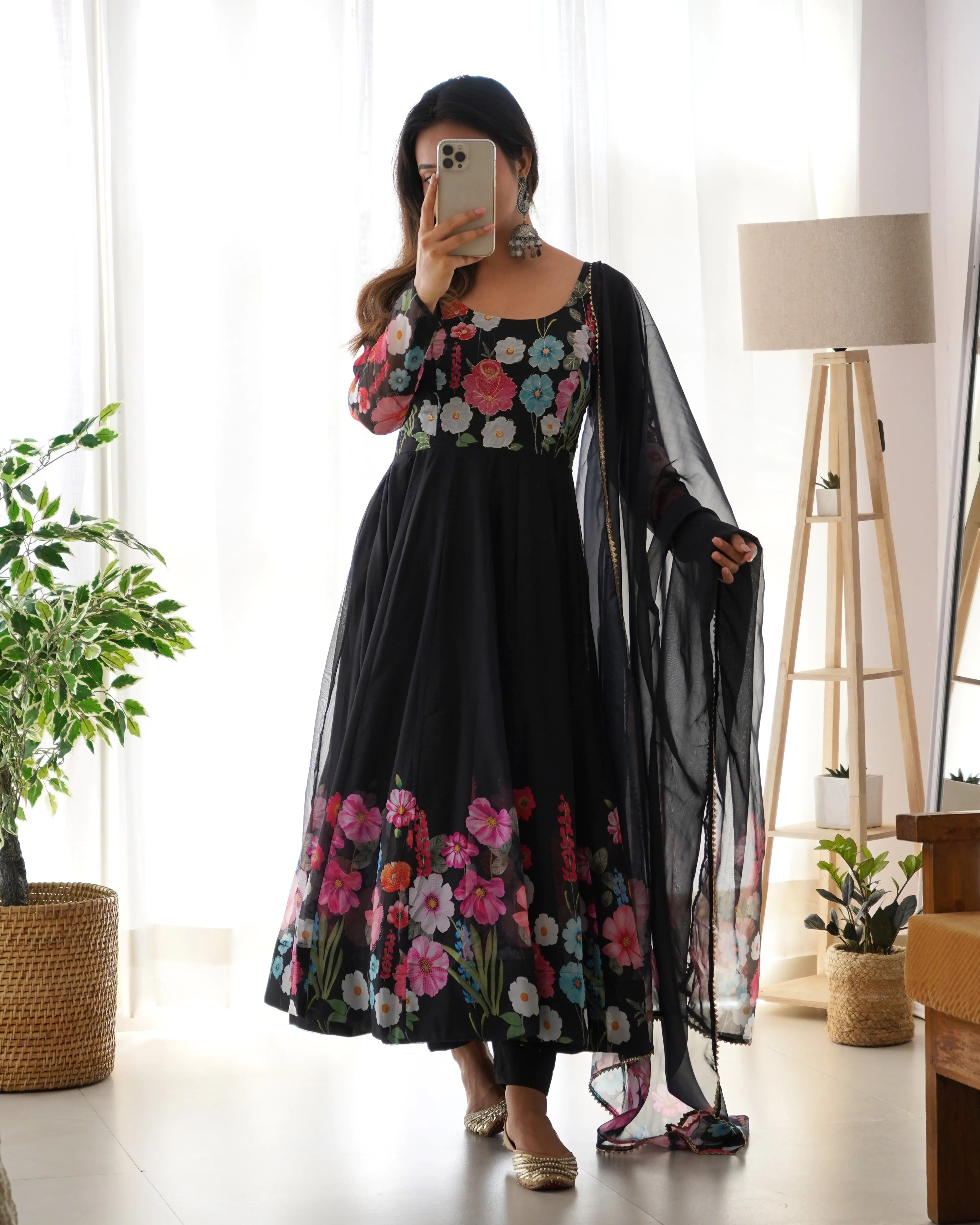 Black Color Floral Organza Anarkali Suit Set for Festivals & Weddings