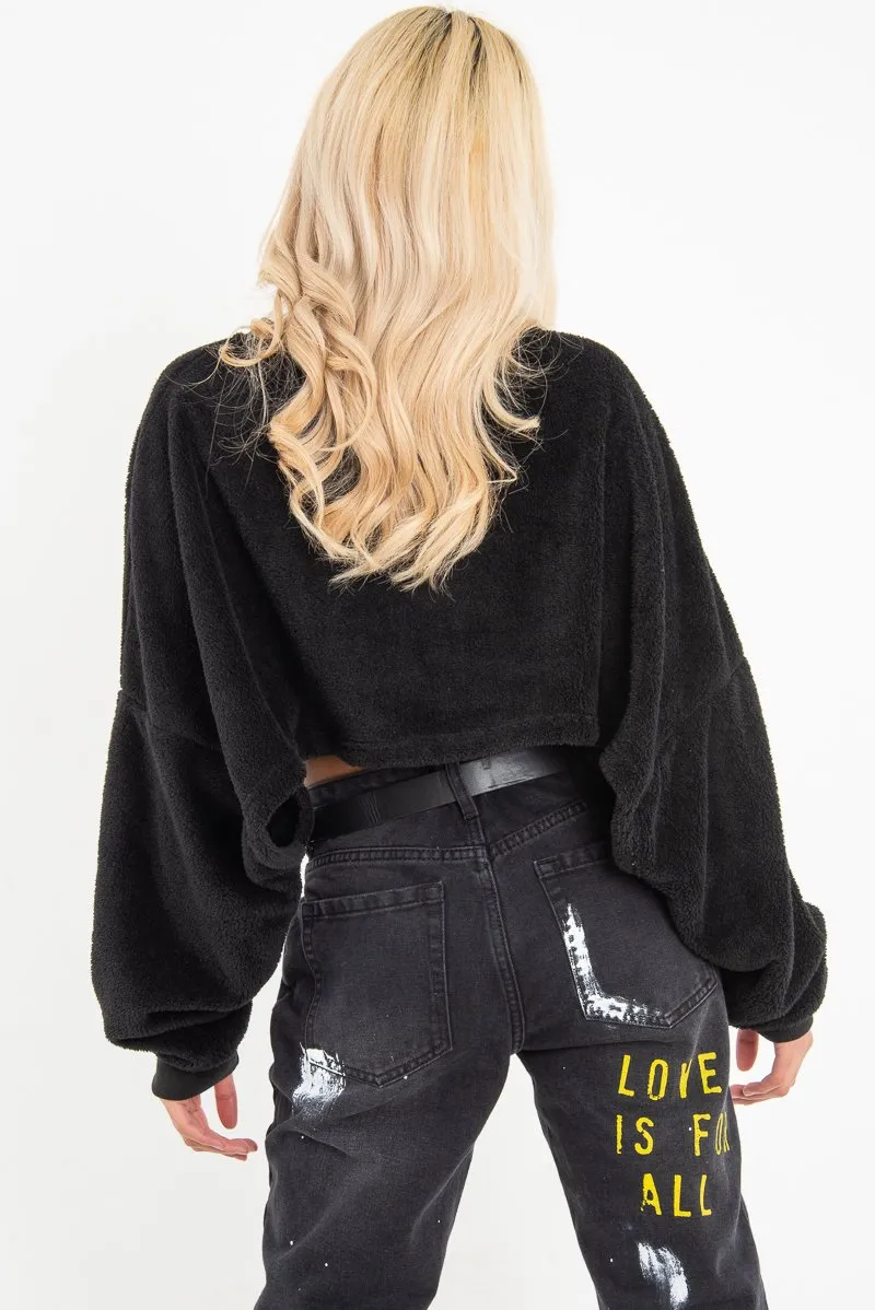 Black Fluffy Long Sleeve Crop Jumper - Noura