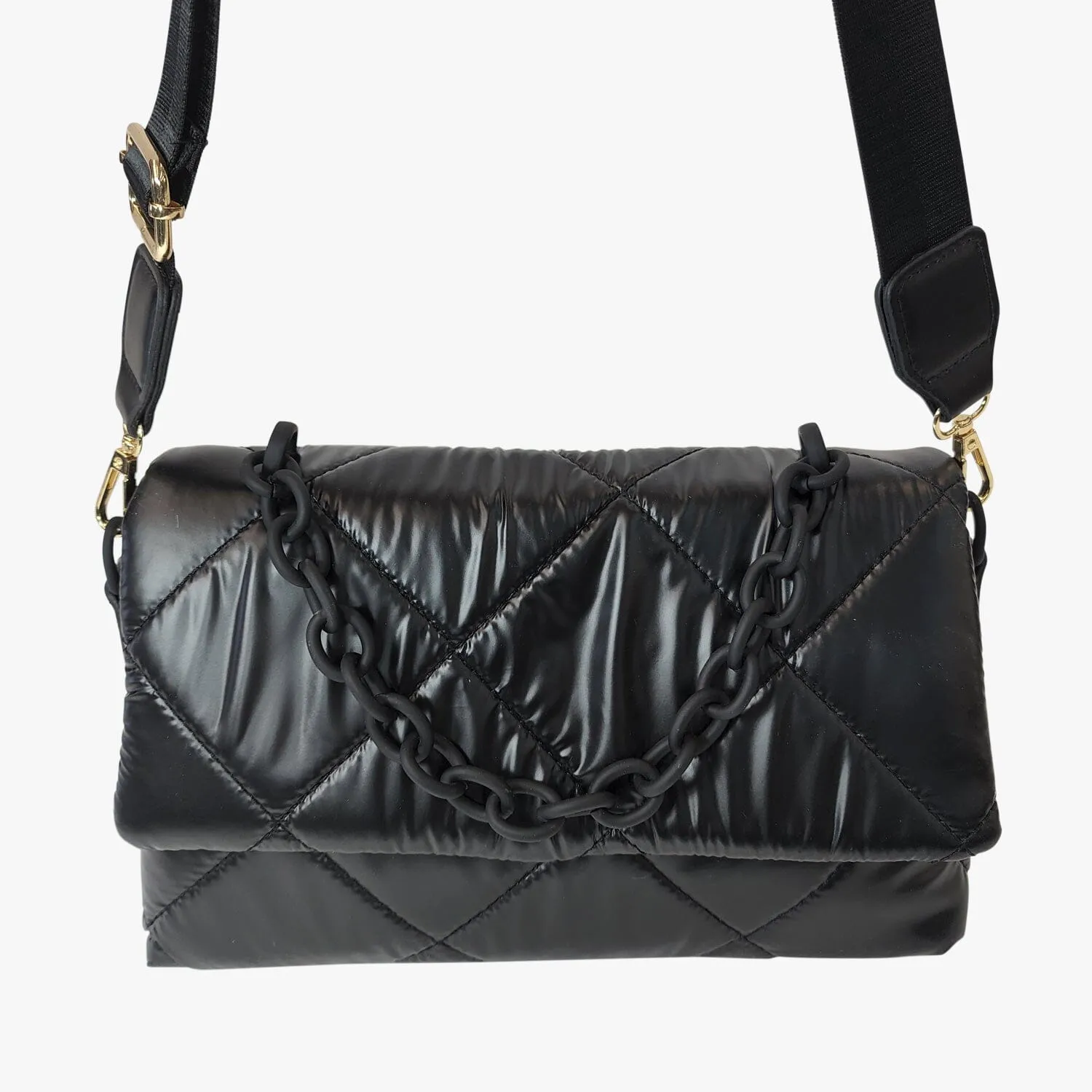 BLACK QUILTED ADJUSTABLE STRAP CHAIN HANDBAG