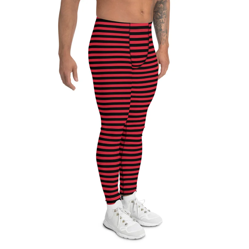 Black Red Striped Men's Leggings, Horizontal Circus Premium Meggings-Made in USA/EU