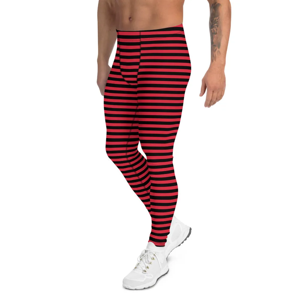 Black Red Striped Men's Leggings, Horizontal Circus Premium Meggings-Made in USA/EU