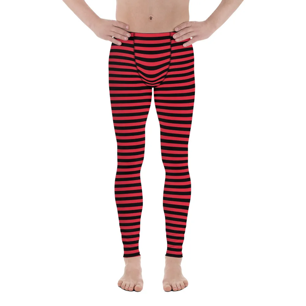 Black Red Striped Men's Leggings, Horizontal Circus Premium Meggings-Made in USA/EU