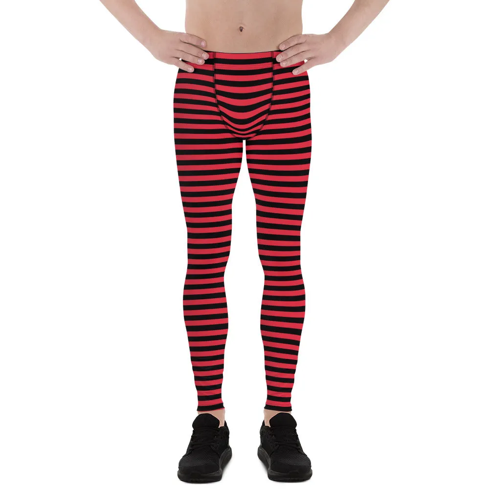 Black Red Striped Men's Leggings, Horizontal Circus Premium Meggings-Made in USA/EU