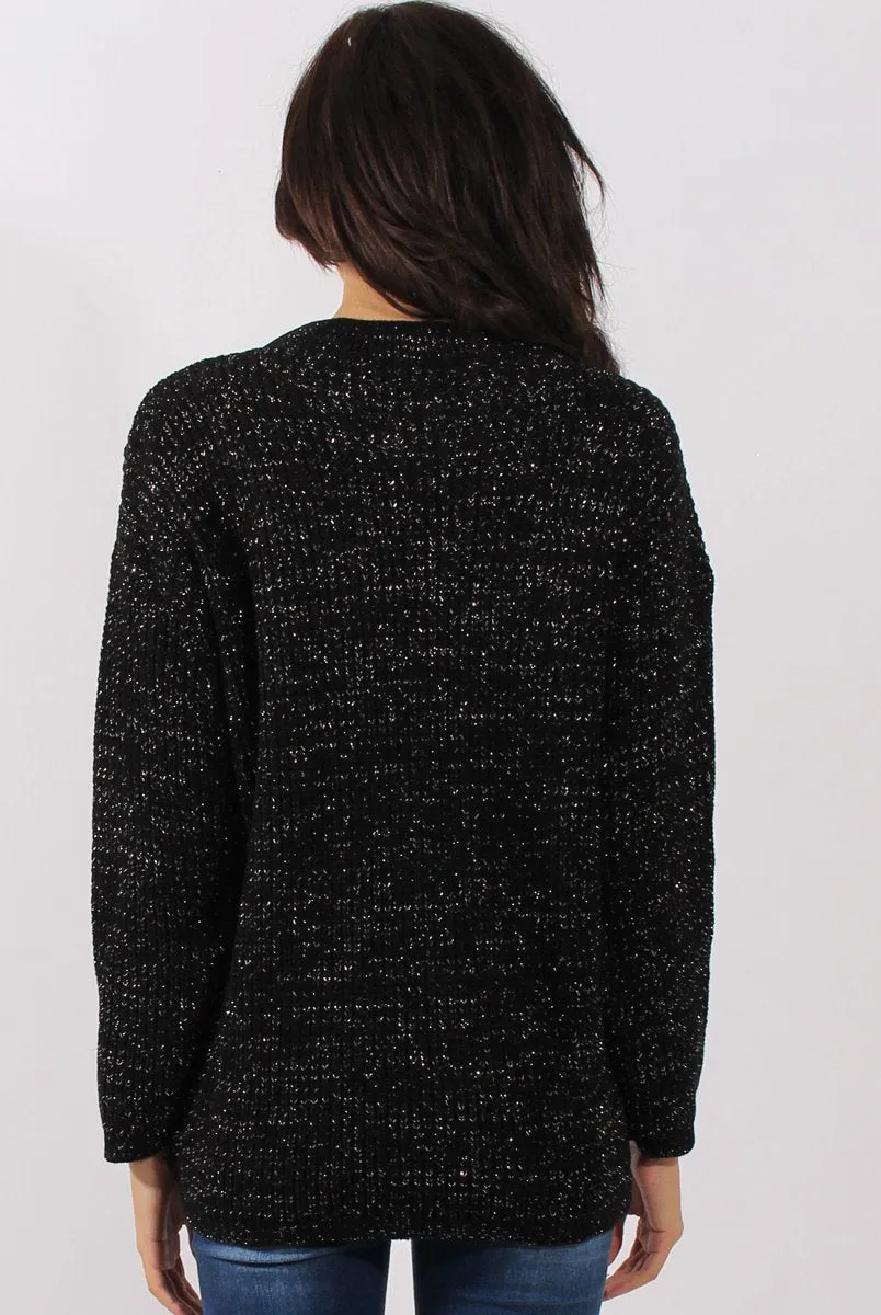 Black Sparkle Knitted Cut Out Front Jumper - Meri