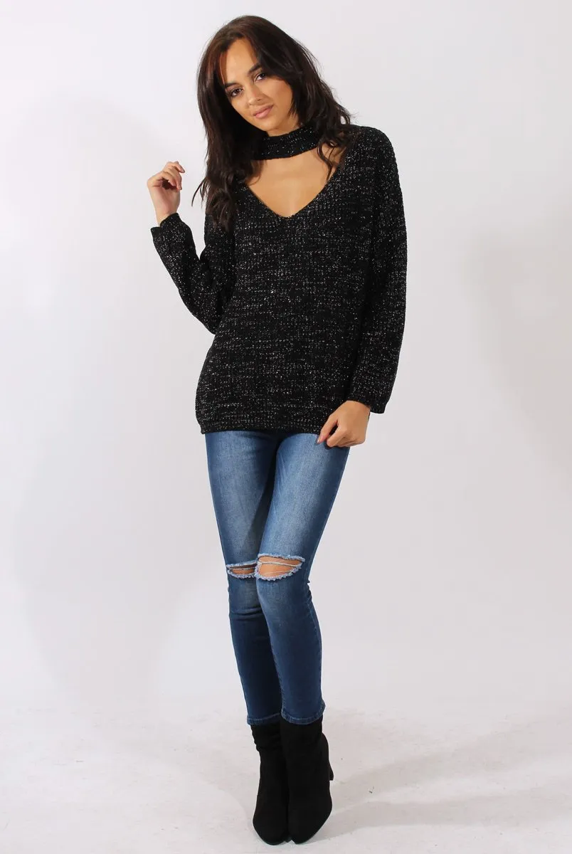 Black Sparkle Knitted Cut Out Front Jumper - Meri