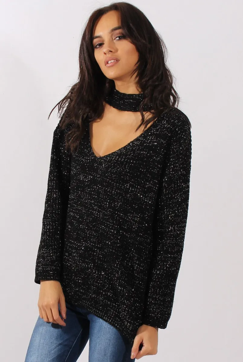 Black Sparkle Knitted Cut Out Front Jumper - Meri