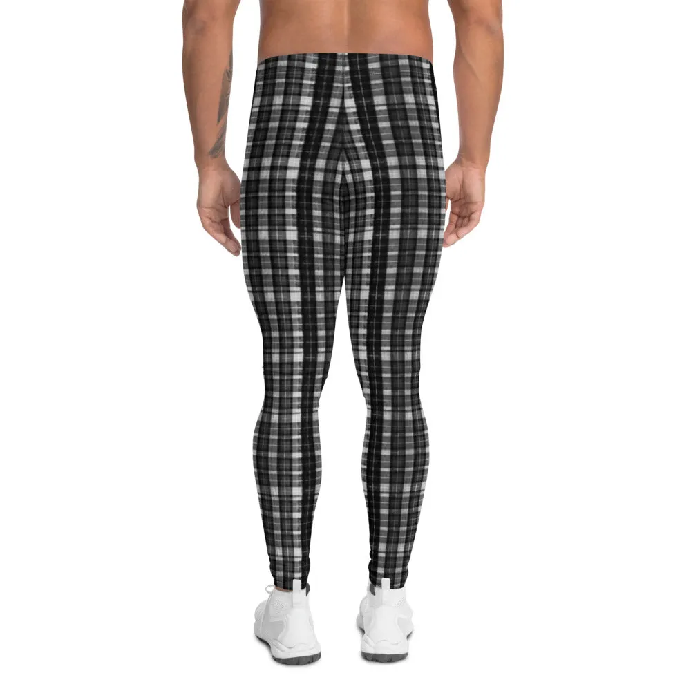 Black White Plaid Print  Meggings, Designer Tartan Plaid Printed Men's Leggings- Made in USA/ EU/ MX