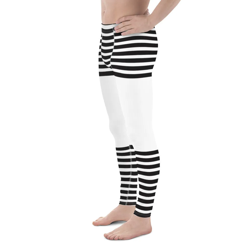 Black White Striped Meggings, Horizontal Striped Men's Leggings Compression Tights For Men - Made in USA/EU/MX