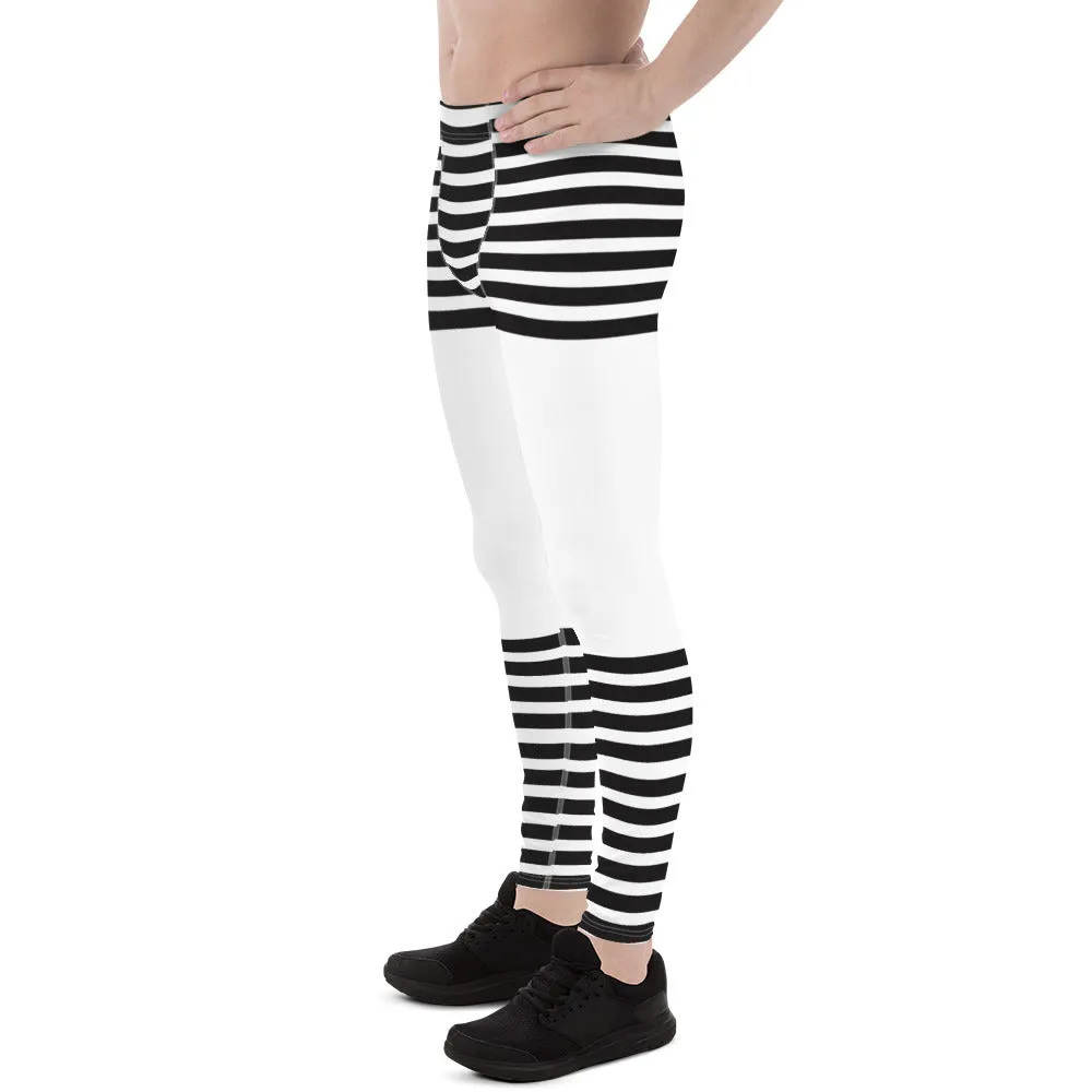 Black White Striped Meggings, Horizontal Striped Men's Leggings Compression Tights For Men - Made in USA/EU/MX