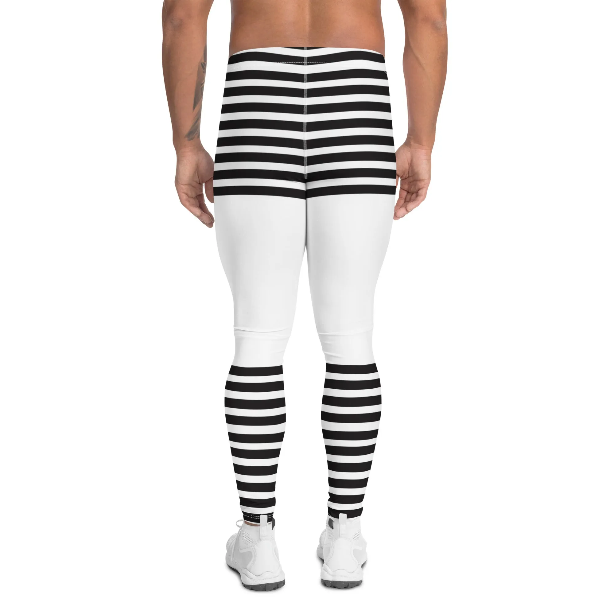 Black White Striped Meggings, Horizontal Striped Men's Leggings Compression Tights For Men - Made in USA/EU/MX