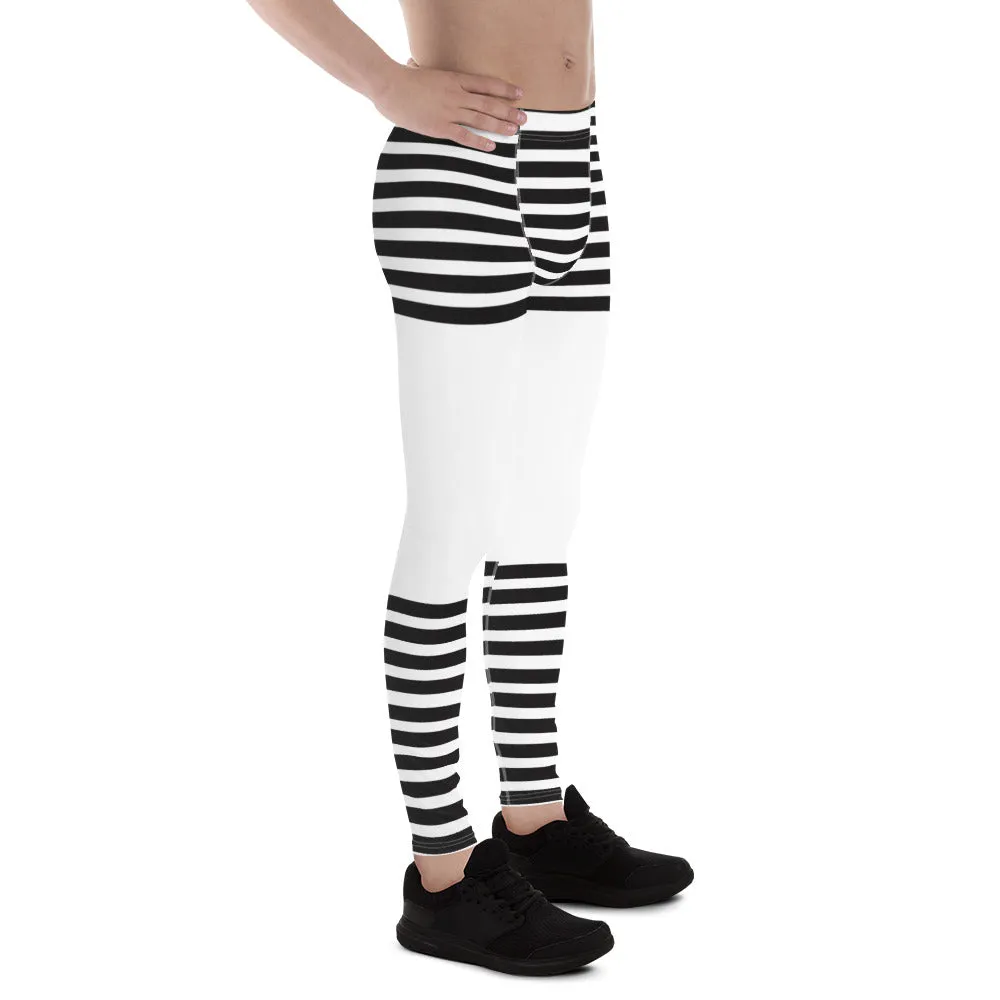 Black White Striped Meggings, Horizontal Striped Men's Leggings Compression Tights For Men - Made in USA/EU/MX