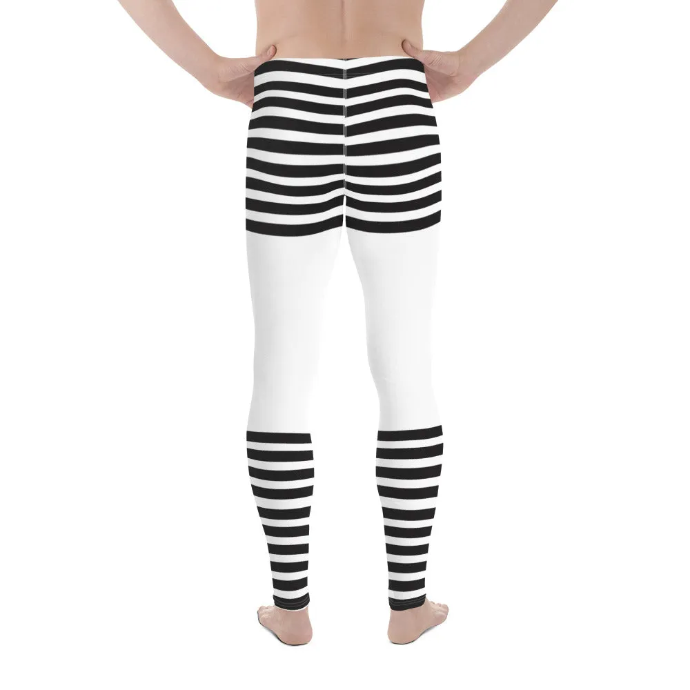 Black White Striped Meggings, Horizontal Striped Men's Leggings Compression Tights For Men - Made in USA/EU/MX