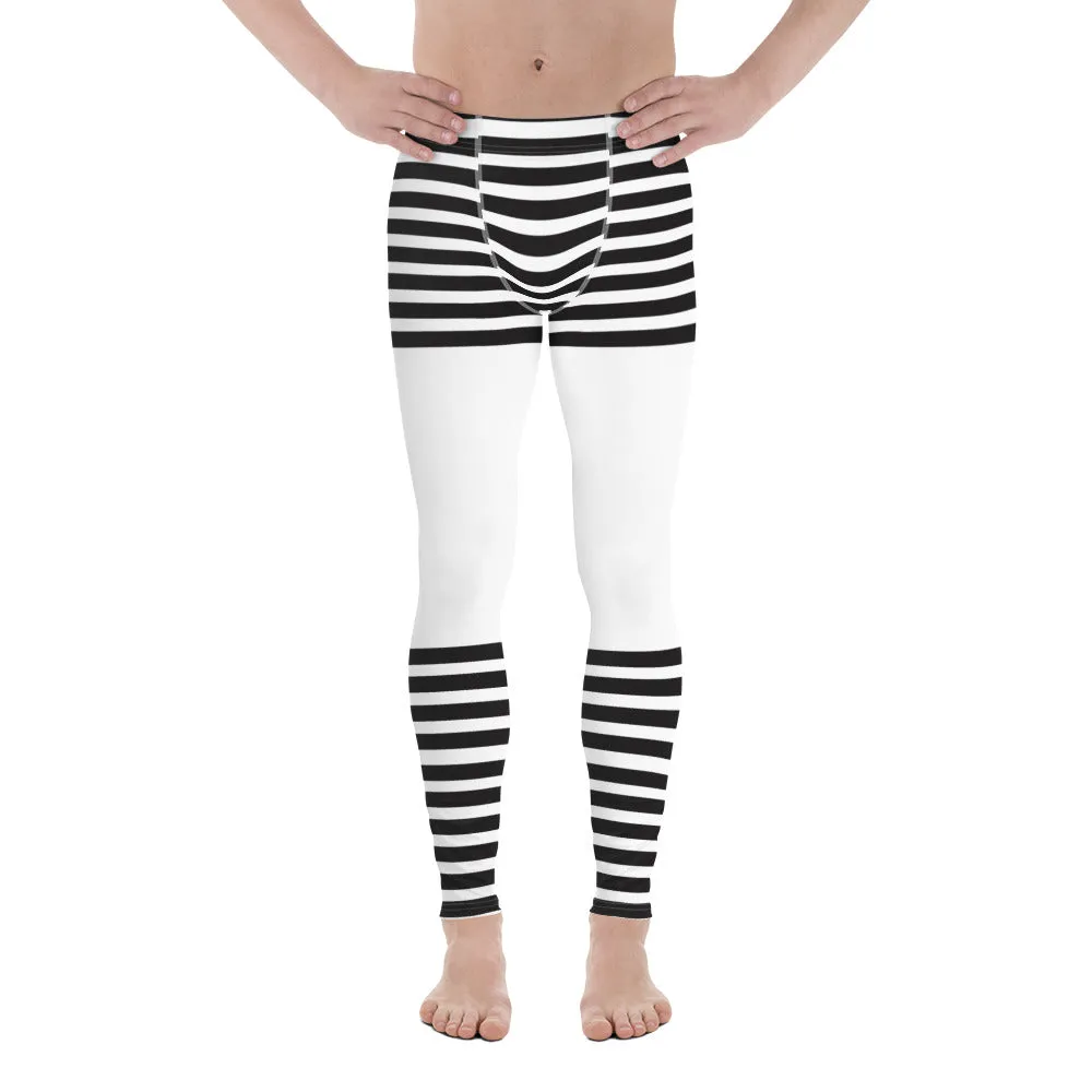 Black White Striped Meggings, Horizontal Striped Men's Leggings Compression Tights For Men - Made in USA/EU/MX