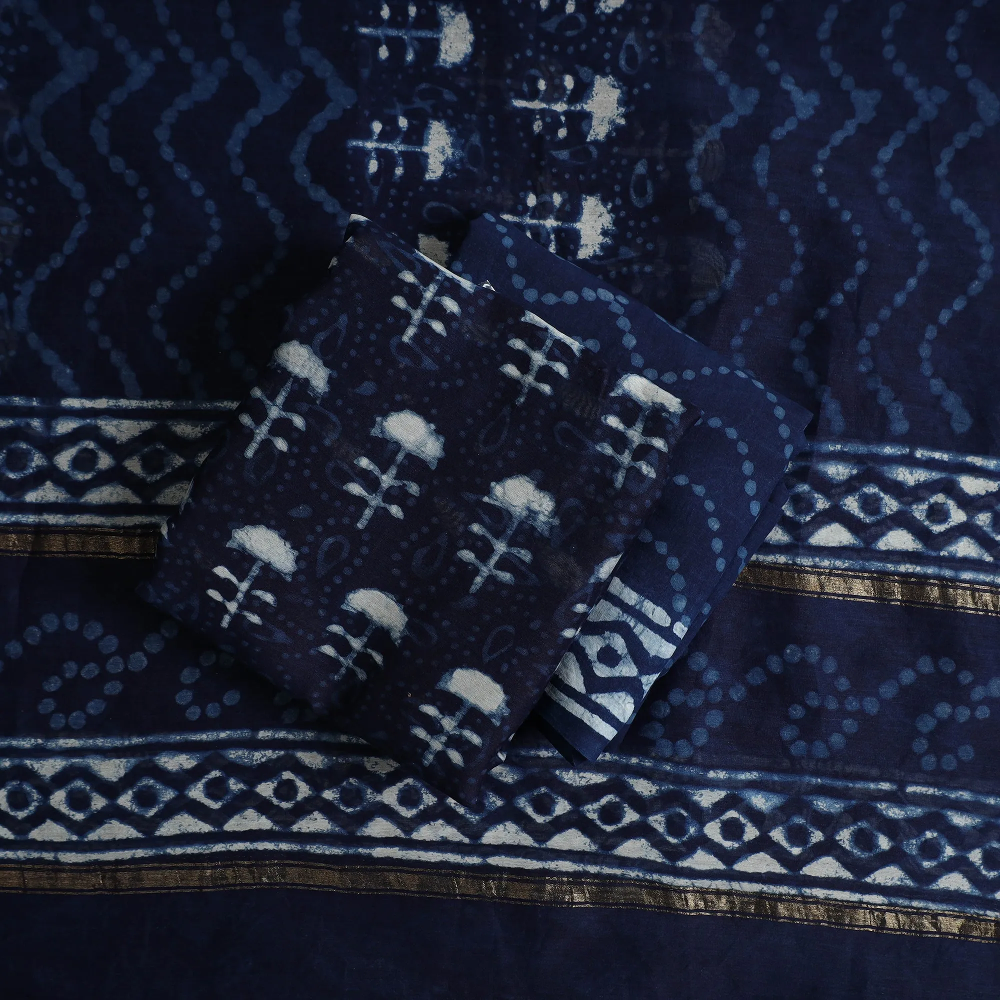 Blue - 3pc Chanderi Silk Indigo Bagru Print Dress Material 03