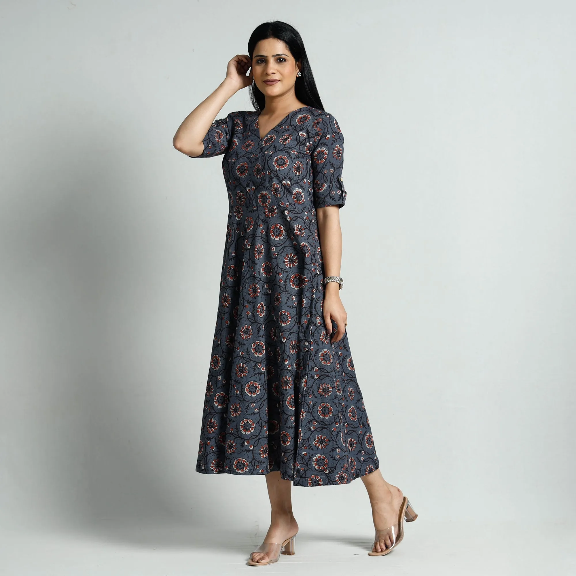 Blue - Bagru Block Printed Cotton Flared Dress