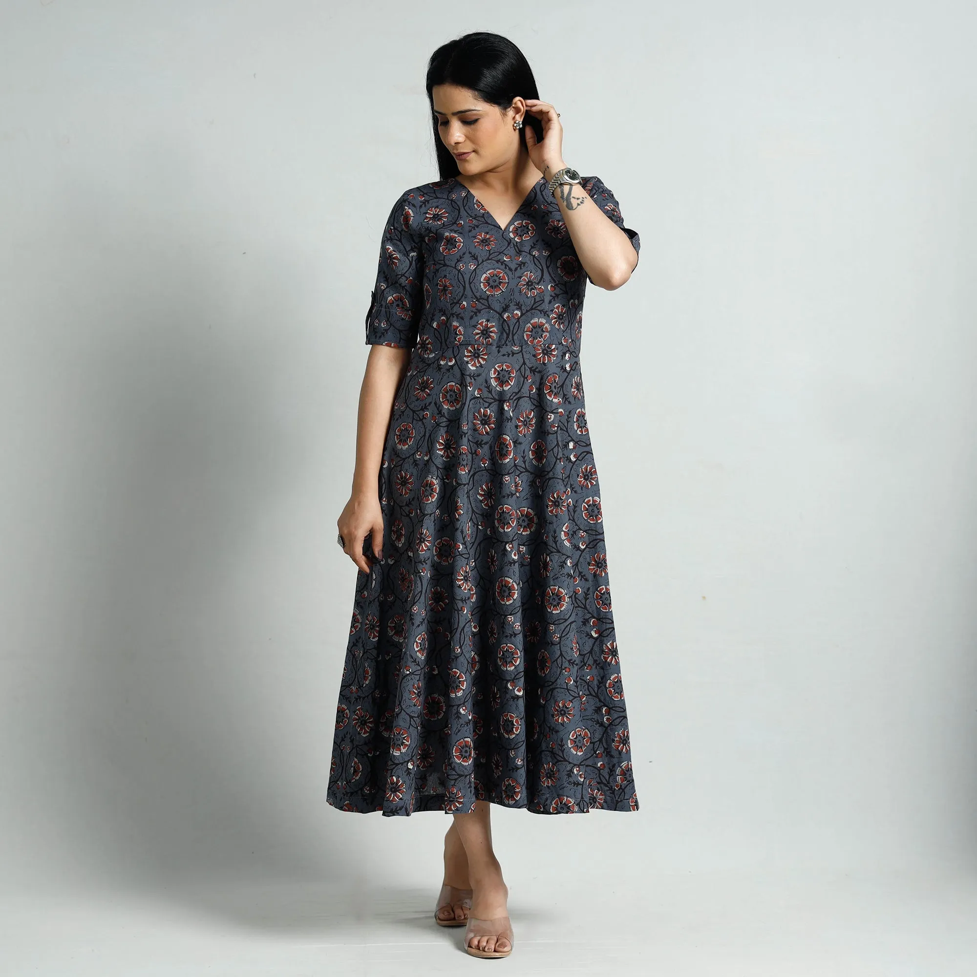 Blue - Bagru Block Printed Cotton Flared Dress