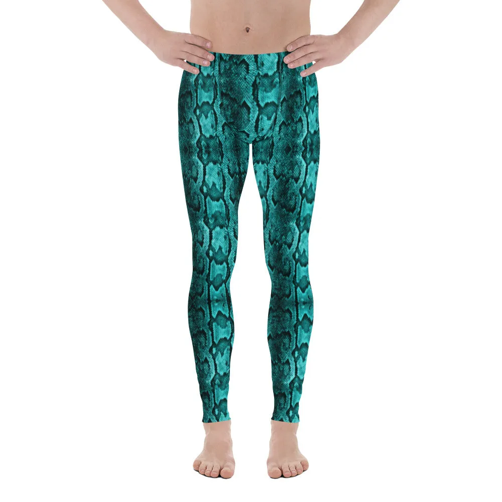 Blue Snake Print Men's Leggings, Python Snake Skin Design Tights For Men-Made in USA/EU/MX