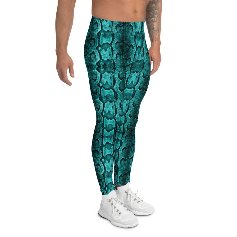 Blue Snake Print Men's Leggings, Python Snake Skin Design Tights For Men-Made in USA/EU/MX