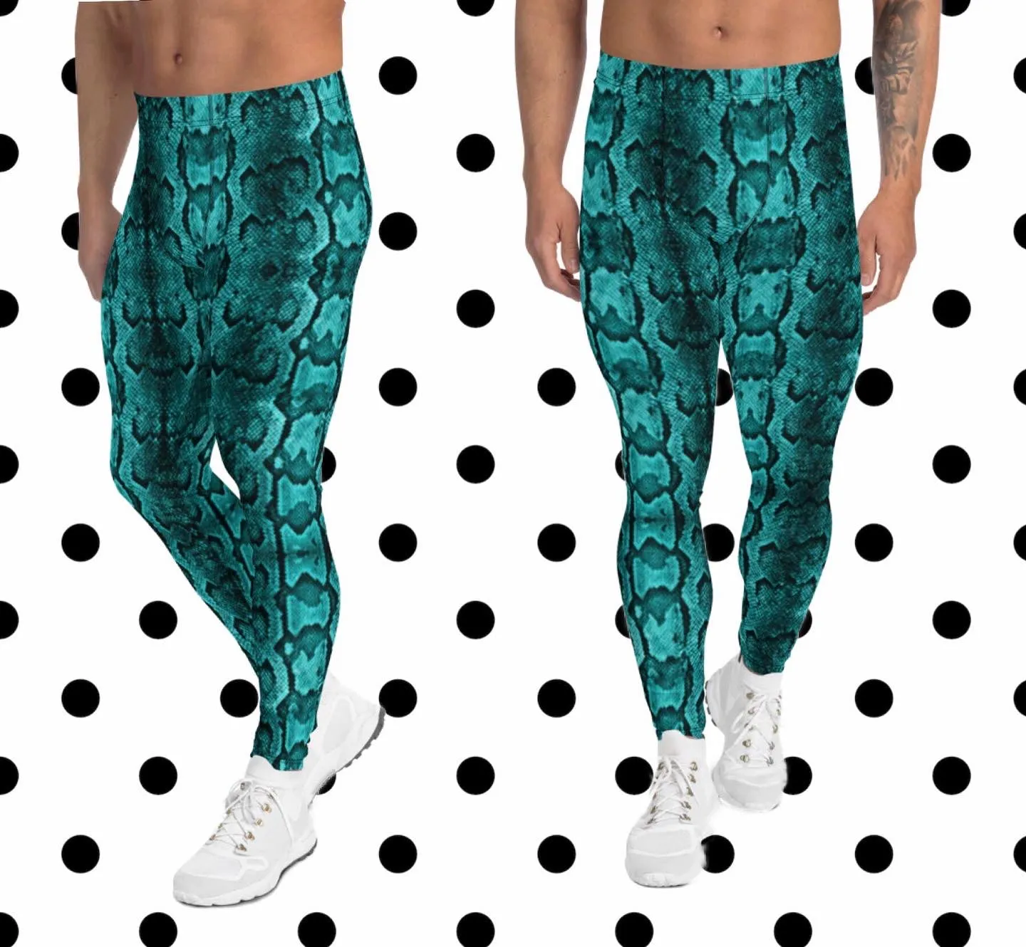 Blue Snake Print Men's Leggings, Python Snake Skin Design Tights For Men-Made in USA/EU/MX