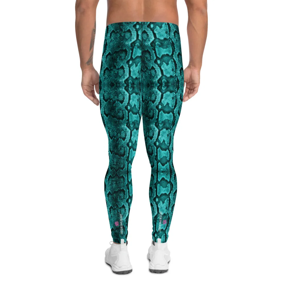 Blue Snake Print Men's Leggings, Python Snake Skin Design Tights For Men-Made in USA/EU/MX