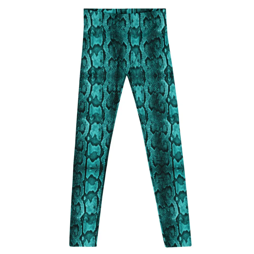 Blue Snake Print Men's Leggings, Python Snake Skin Design Tights For Men-Made in USA/EU/MX