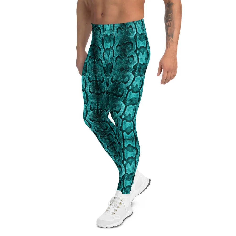 Blue Snake Print Men's Leggings, Python Snake Skin Design Tights For Men-Made in USA/EU/MX